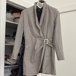 Zara Monochrome Checkered Belted Blazer